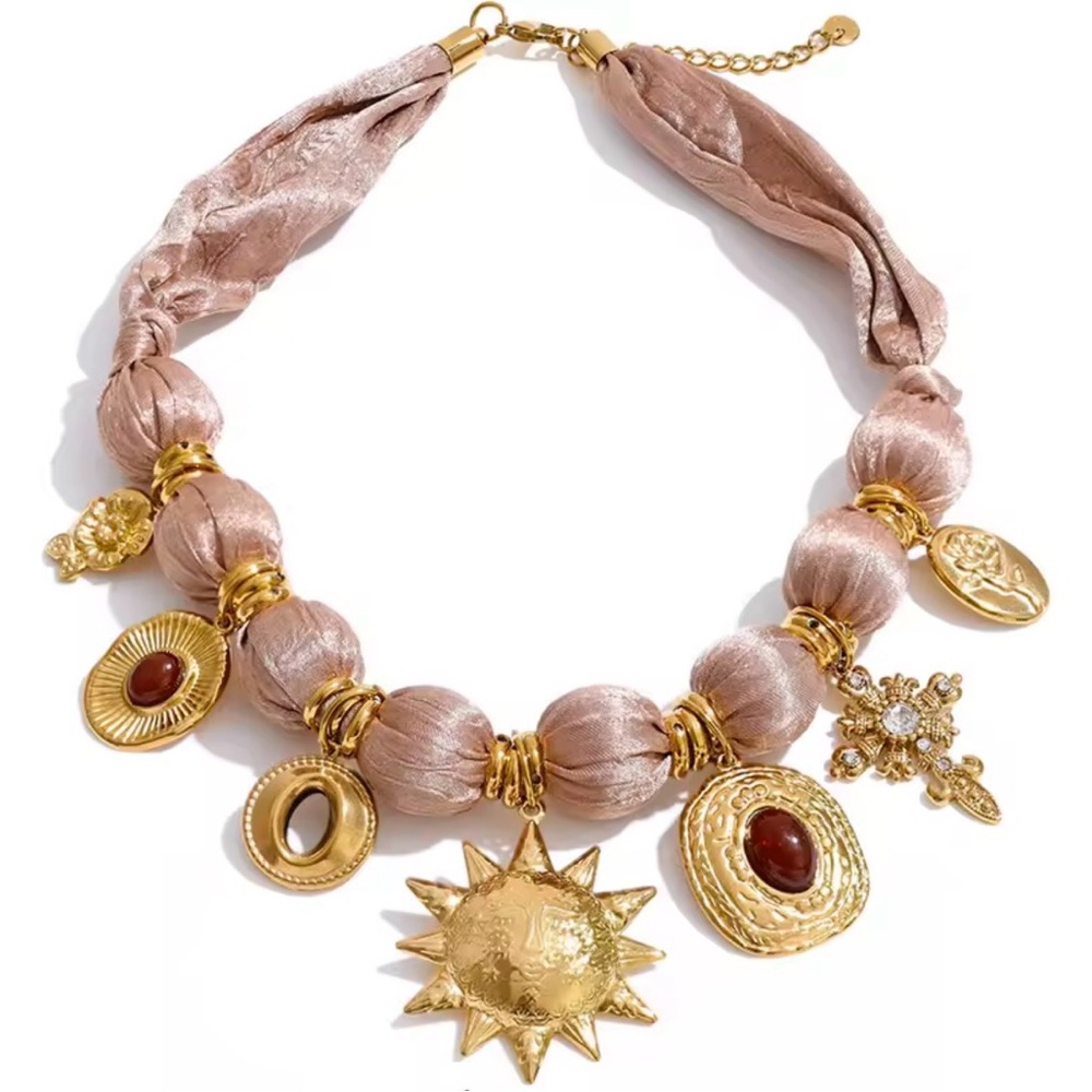 Sara Sotti Elegant Gold and Tan Stainless Steel Charm Handmade Necklace
